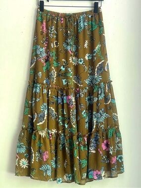aerie Olive Green Floral Tiered Maxi Skirt with Pink & Blue Accents